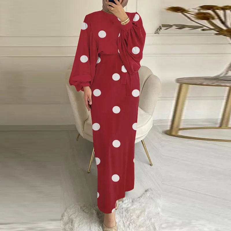 Muslim Dress Casual Long-sleeved Robe Retro Printed Polka-dot Sundress Muslim Dress Women  Abayas for Women Dubai Abaya Dress