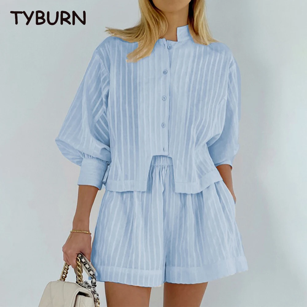 

TYBURN Casual Fashion Cotton Linen Jacquard Shirt Two-Piece Suit Pink Cardigan Shorts Loose Set Woman 2 Pieces Summer 2022