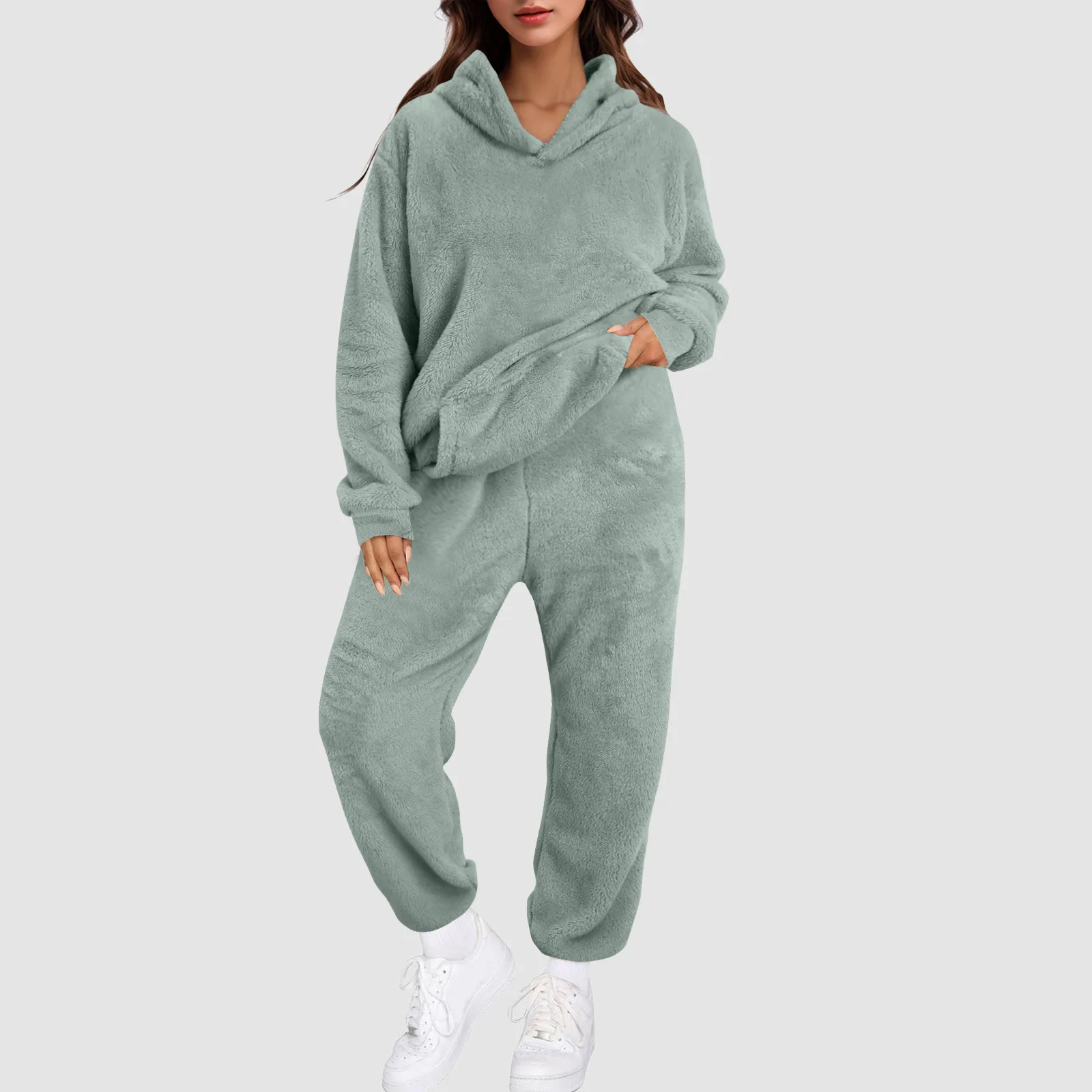 

Womens 2 Piece Outfits Fuzzy Hoodie Sweatsuit Sets Slim Sweatshirt Baggy Fall Fashion Sweatpants Exercise Jogging Matching Set