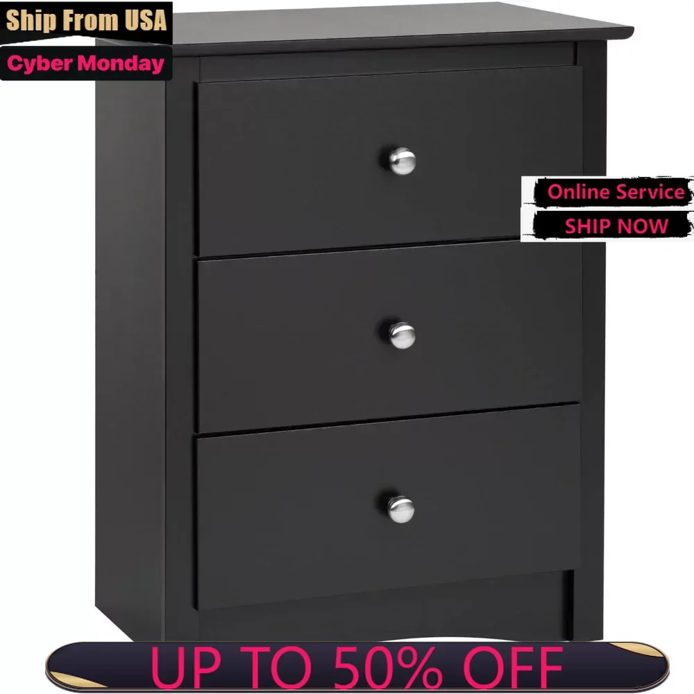 

Modern 3 Drawer Tall Bedroom Nightstand, Black