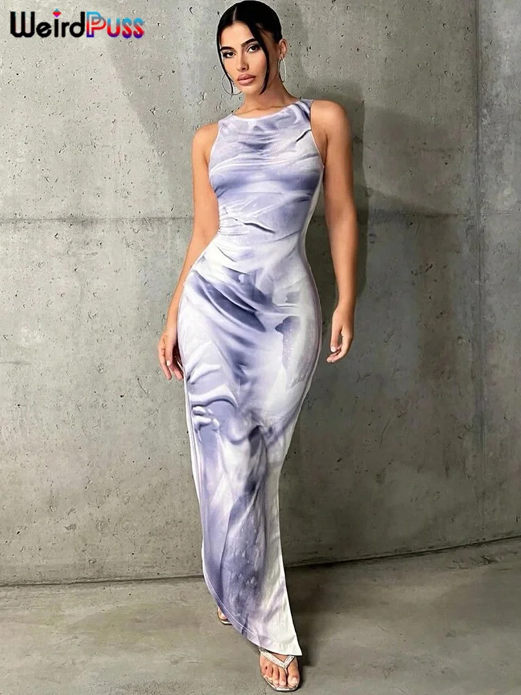 

Женское платье-макси с разрезом сбоку, с круглым вырезом