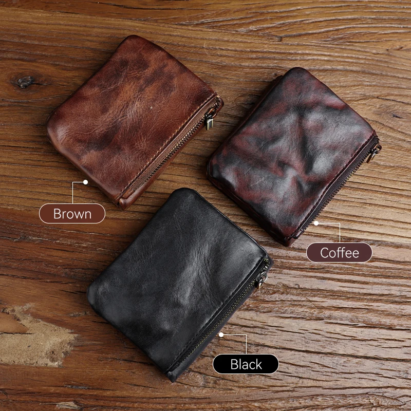 Vintage Men's Card Wallet Handmade Genuine Leather Card Slot With Zipper Coin Purse Short Wallet For Male Women's Money Bag