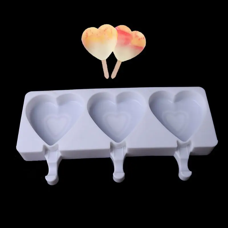 

Food Safe Silicone Ice Cream Mold 3 Cell Heart Shape Juice Popsicle Maker Lolly Cube Mould dropshipping