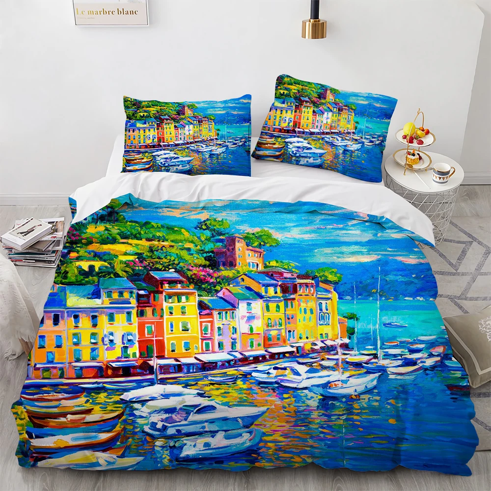 

Landscape Oil Painting Design Pattern Four Piece Bedding Set for Bed Queen Size Bed Sheets Set Bedroom Bed