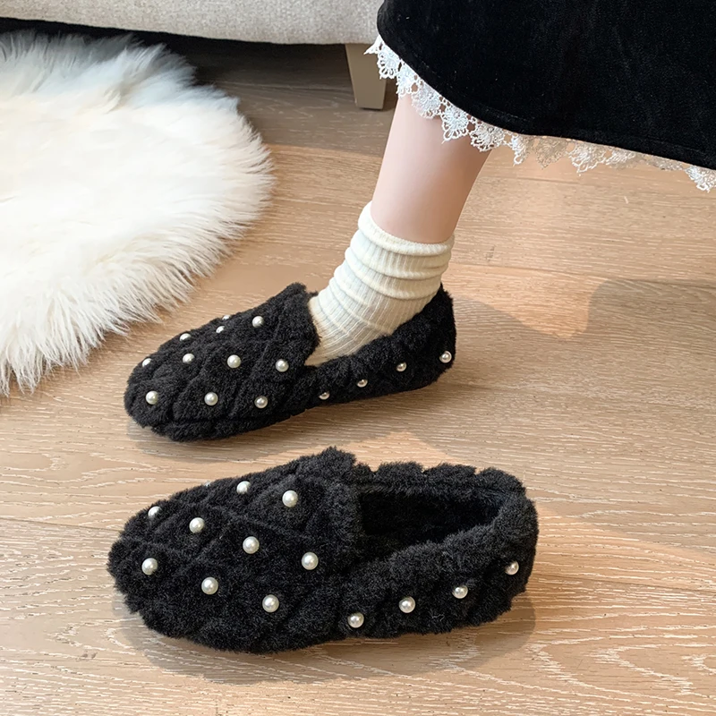 Loafers Fur Round Toe Pearl Decorateion Shallow Mouth Moccasins Winter Beading New Rubber