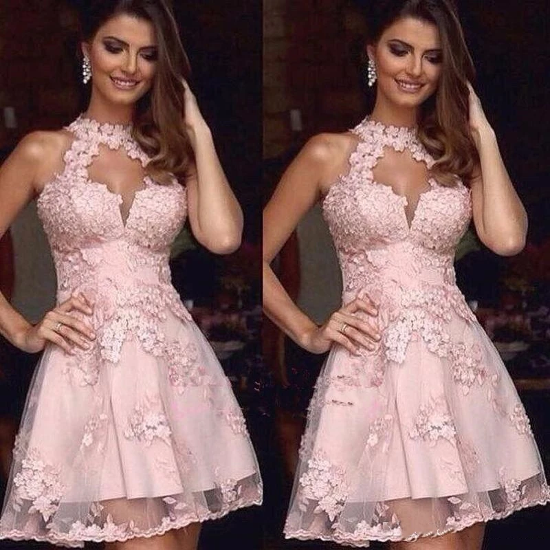 

Sexy Halter Sleeveless Homecoming Gowns Pink With Backless 2022 Wedding Party Gowns With Lace Appliques A-Line Short Fashion