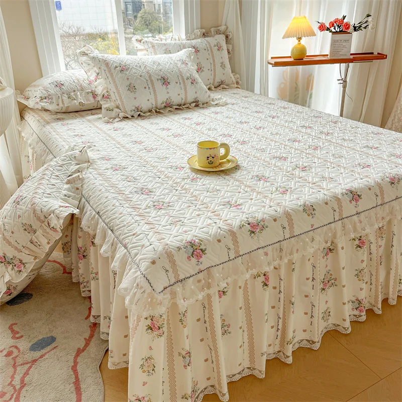 High-End Princess Sle Cotton Printing Clip Bed Skirt Three-Piece Four Seasons Universal Single Bedding