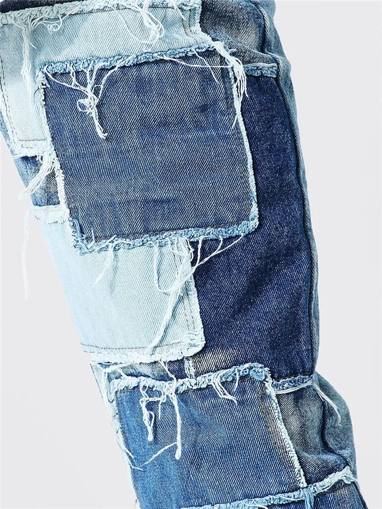 2022 Fall And Winter New European And American Fashion Contrast Color Collage Jeans Men's Casual Baggy Biker Straight Jeans