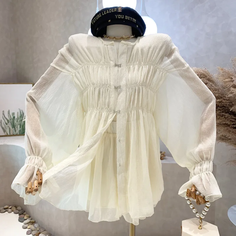 

Niche Design New Women 2022 Summer Pleated Loose Cardigan Medium Long Sunscreen Puff Sleeve Wide Leg Shorts Two Piece Set