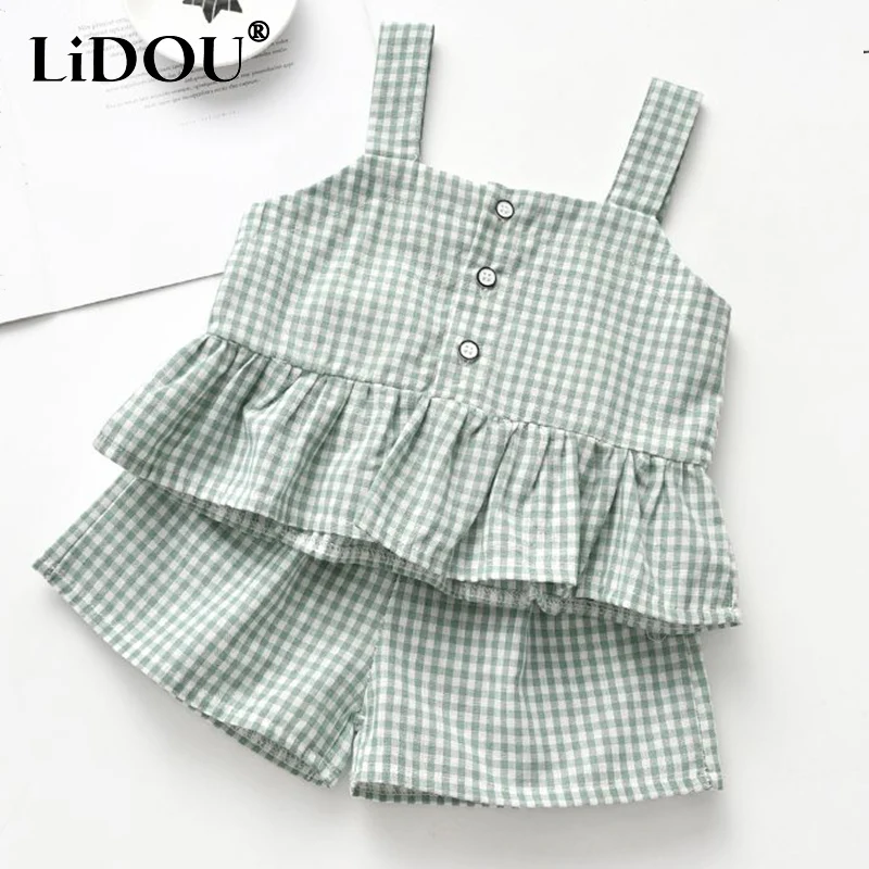 

Summer Plaid Kawaii Sweet Girls Suit Sleeveless Shirts Vest + Shorts Two Piece Set Casual Cute Fashion Outfits Chic Kids Clothes