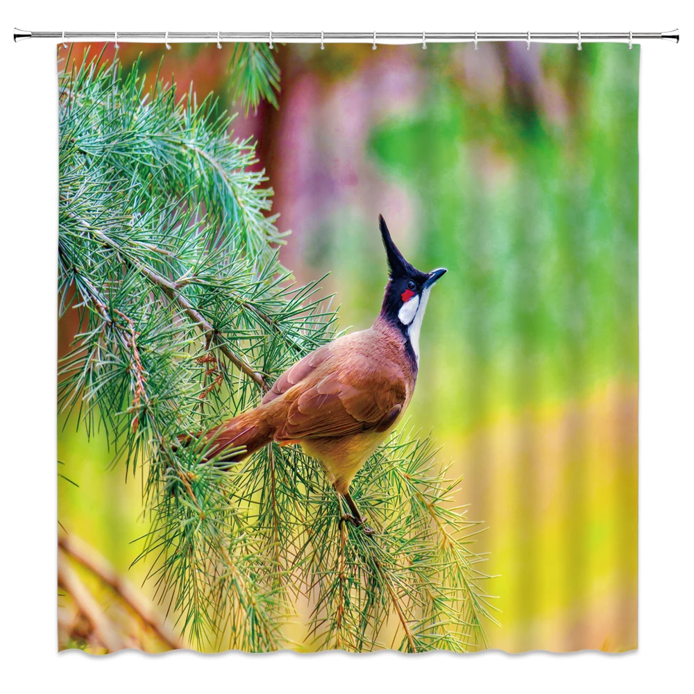 

Animal Bird Pine needles Tree Shower Curtains Hand Painted Pattern Natural Scenery Bathroom Bath Curtains Waterproof with Hooks