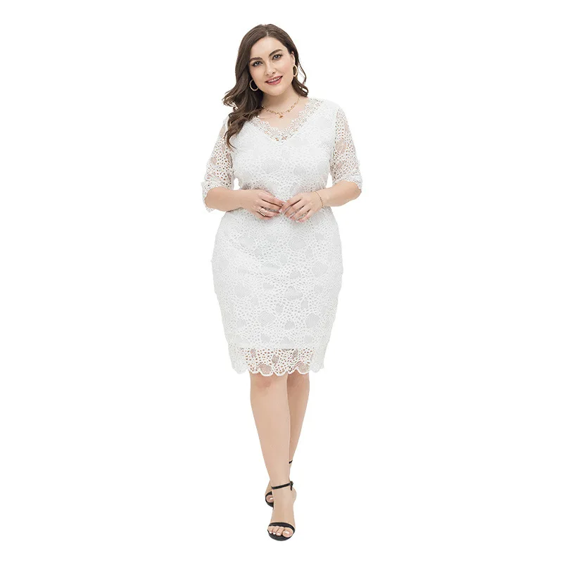 Office Lady Elegant Summer Dress White Lace V Neck Half Sleeve Oversized Soft Party Women Dresses