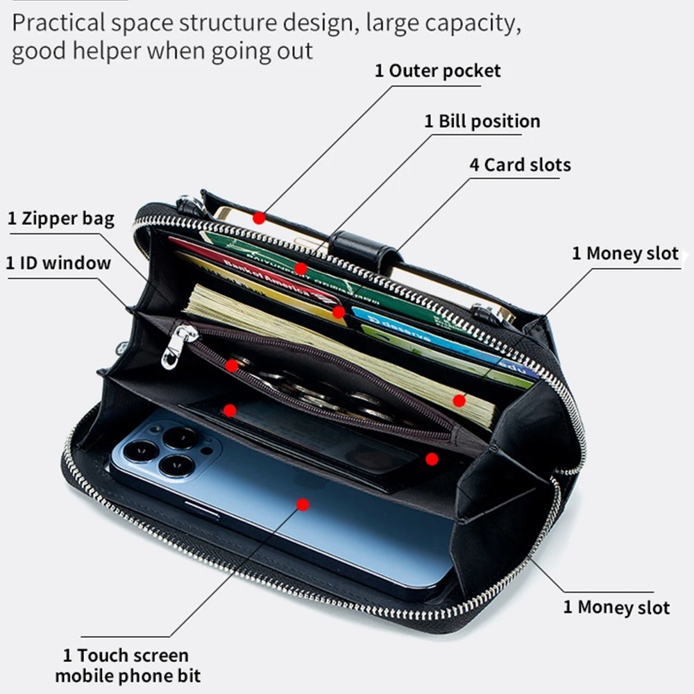 Luxury Leather Women Clutch Wallet Mini Crossbody Bags Ladies Transparent Touch Screen Phone Holder Purse Small Shoulder Bag