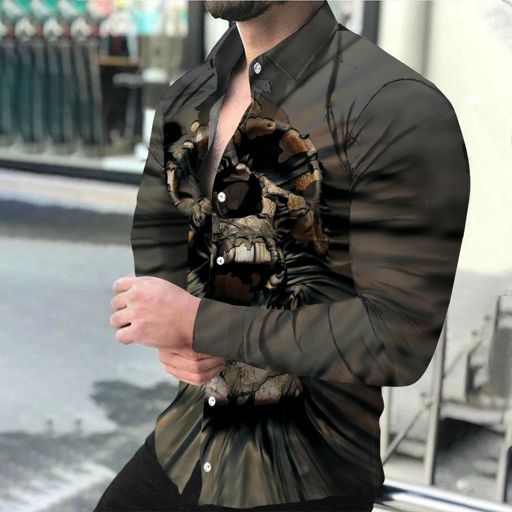 

Мужская однобортная рубашка с длинными рукавами, кардиган в стиле унисекс с изображением черепа, лацканов, 2022