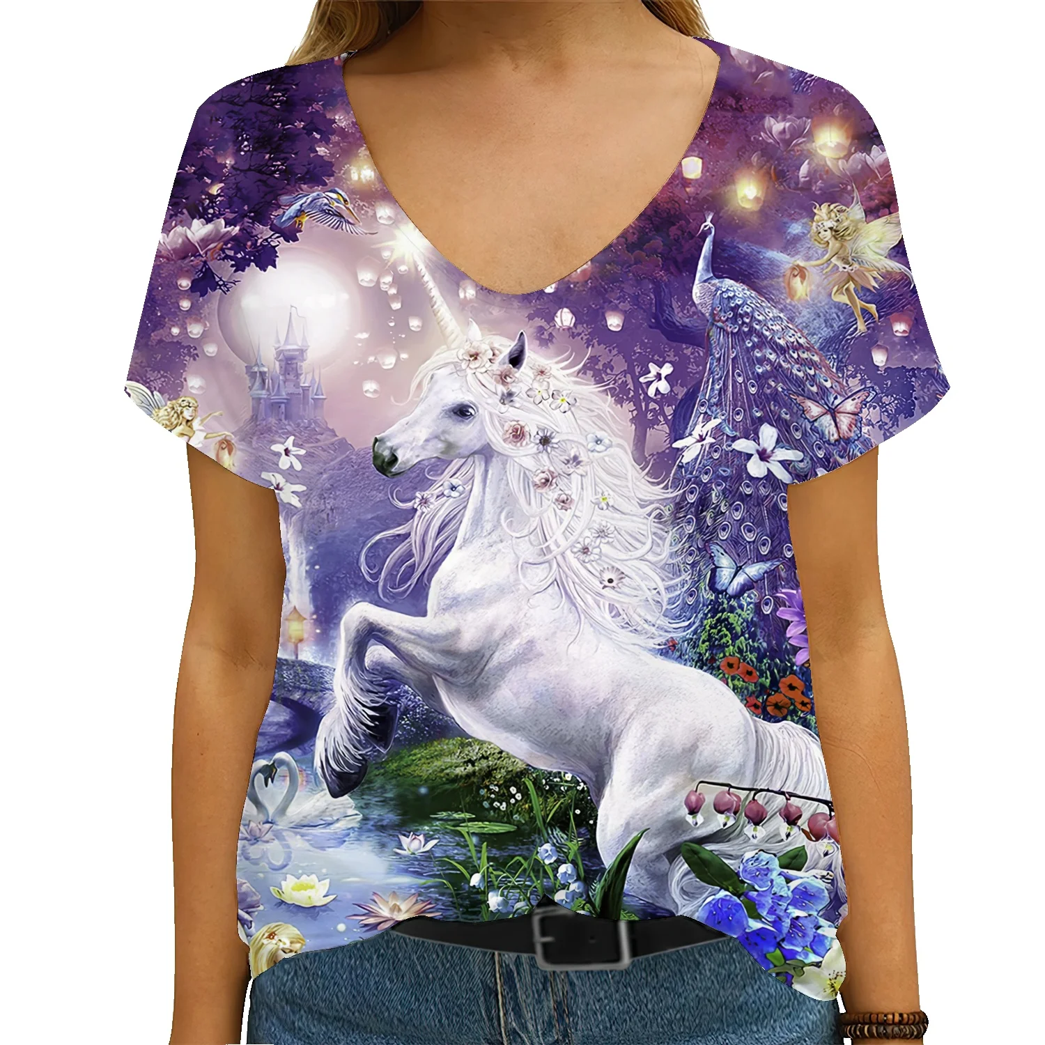

Horse Dragonfly T Shirt Short Sleeve Summer 2022 New Loose V Neck Street Casual Oversized Tops Vintage 3D Flower Print Top