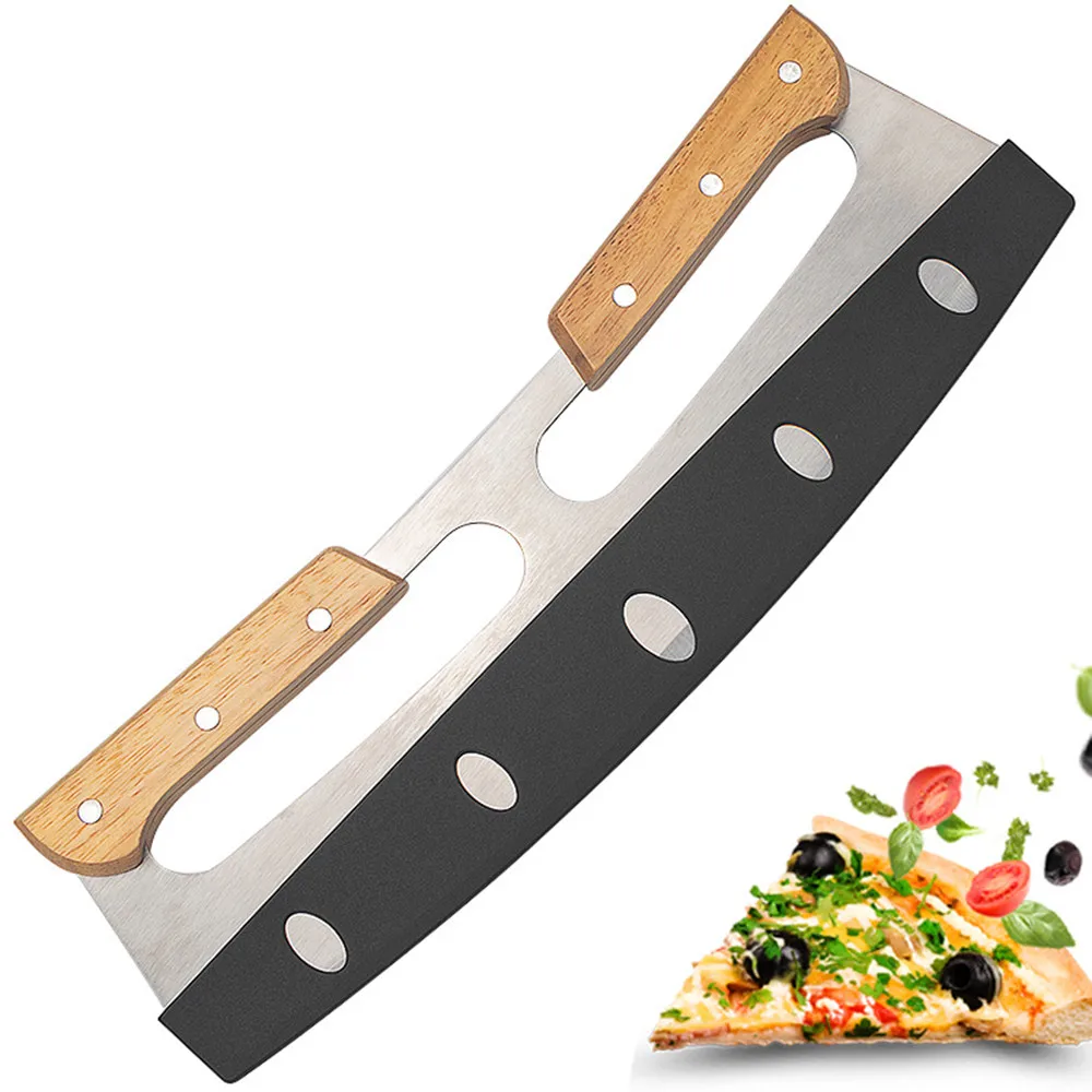 

Stainless Steel Pizza Cutter With Wooden Double Handle Pizza Divider Slicer Chopper Pastry Pasta Dough Tool For Baking Cutting
