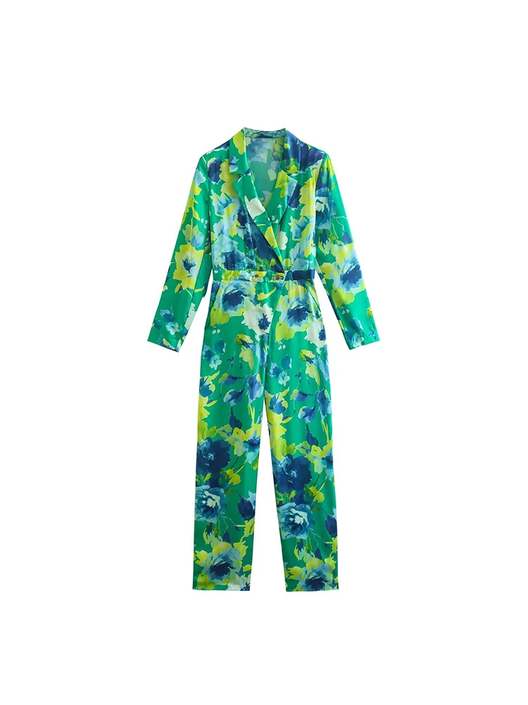 

Women Fall 2022 New Casual Fashion Chic Flower Print Jumpsuit Vintage Lapel Long Sleeve Slim Jumpsuit