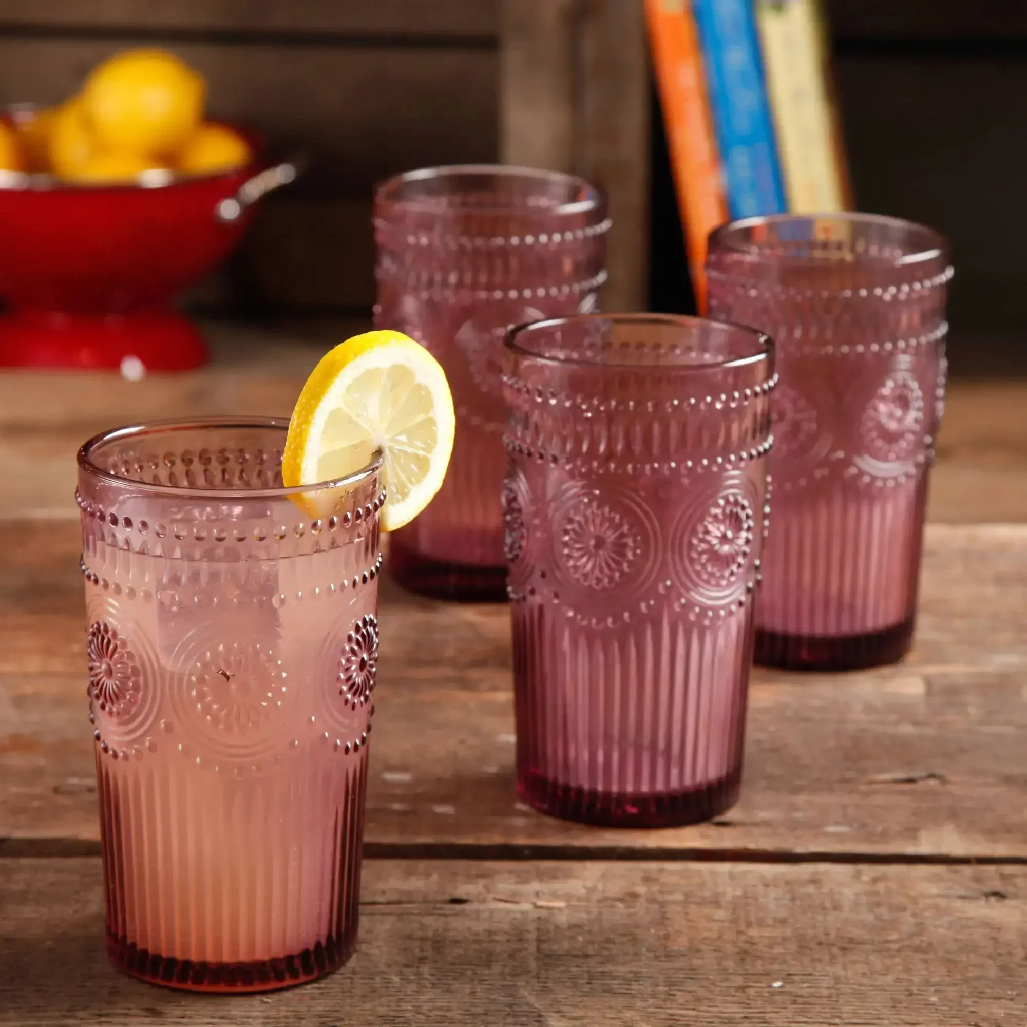 

g Adeline 16-Ounce Emboss Glass Tumblers, Set of 4, Plum