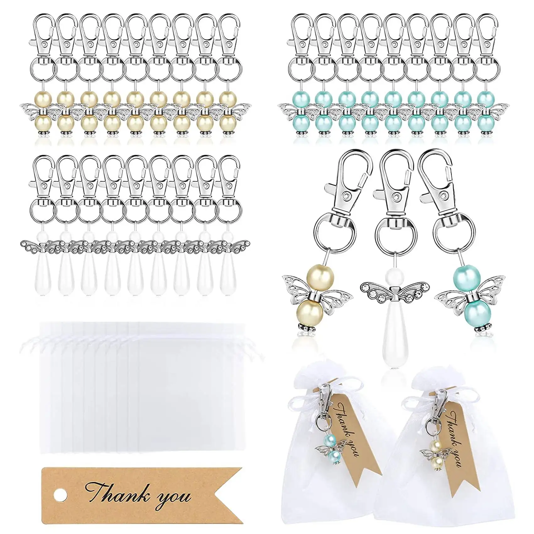 

Set of 30 Angel Keychain with Organza Gift Bags and Thank You Favor Tags Guest Return Gift for Baby Bridal Shower