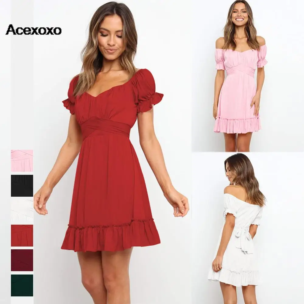 

2023 new spring and summer fashion one-line collar lacing short sleeve temperament elegant square collar ruffled dress woman