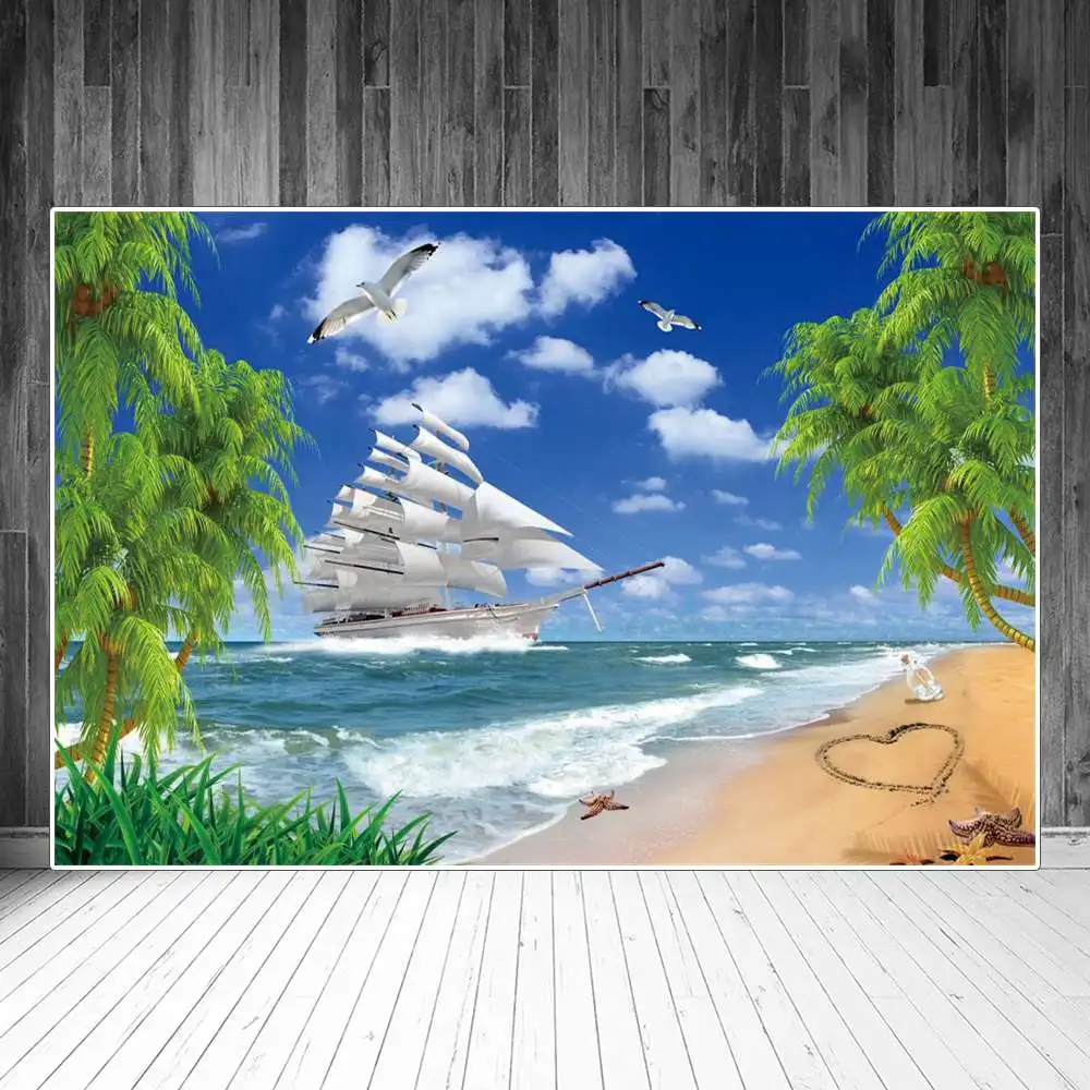 

Sailboat On Waves Beach Sands Drawing Decoration Photography Backdrops Summer Ocean Green Grass Trees Seagull Photo Backgrounds