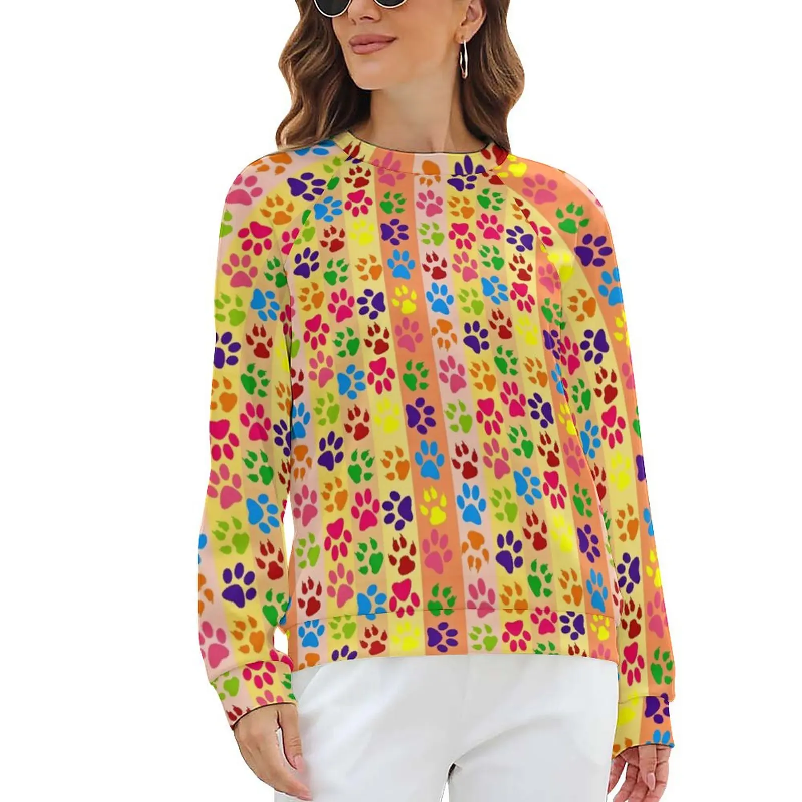 

Colorful Dog Paws Hoodies Female Striped Print Hip Hop Casual Hoodie Winter Long Sleeve Y2k Printed Clothing Large Size