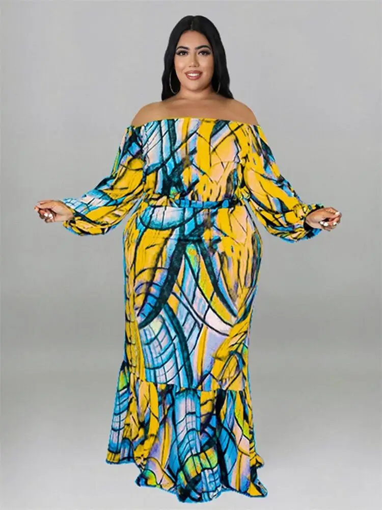 Clothing for Women Plus Size Two Piece Dress Set Long Sleeve Off The Shoulder Top Sexy Large Size Suit Wholesale Dropshipping
