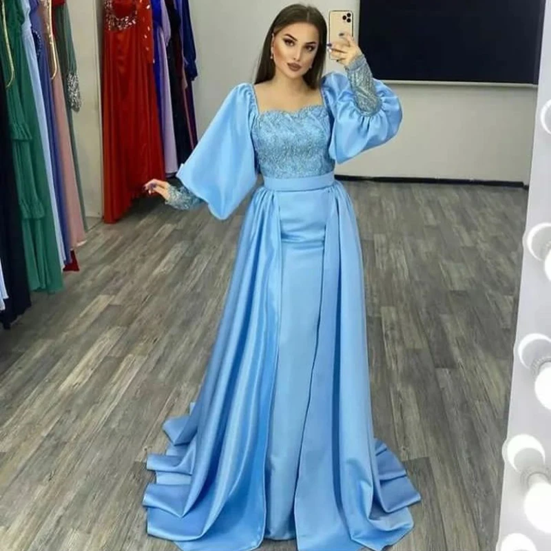 

Puffy Sleeve Mermaid فساتين السهرة Elegant Lace Embroidery Prom Dress Princess Sky Blue Satin Party Dresses Vestidos De Noche
