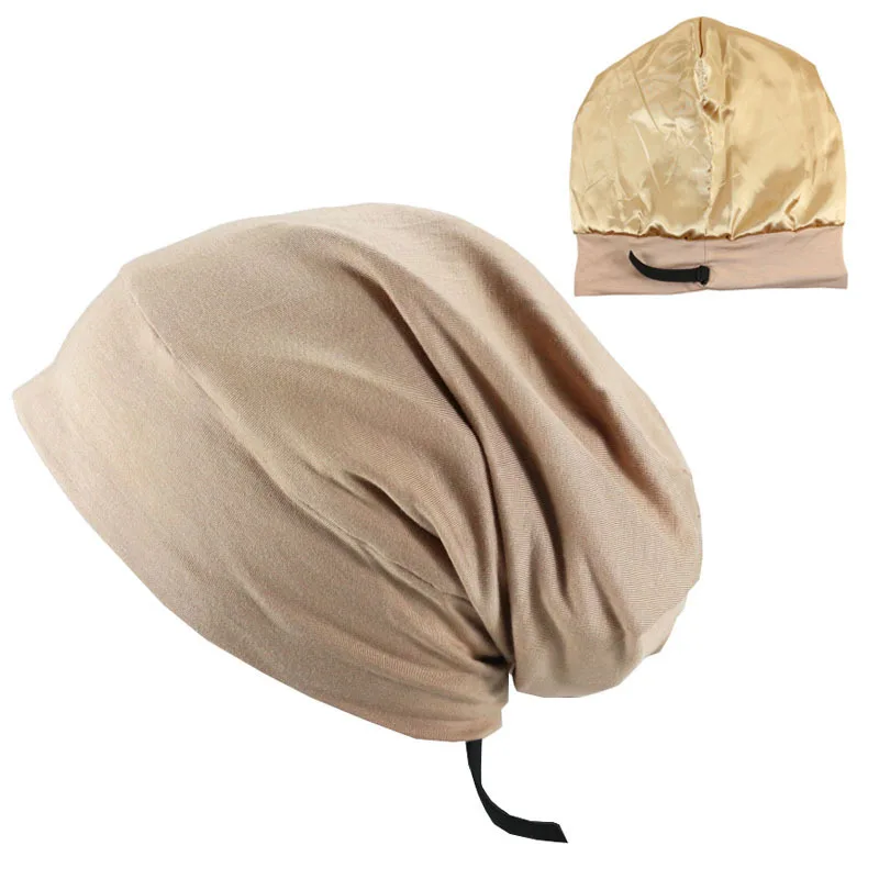 

Unisex Adjustable Satin Lining Beanie Hat Women's Stretchy Cotton Sleep Bonnet Wide Brim Chemo Headwear Caps for Women and Men