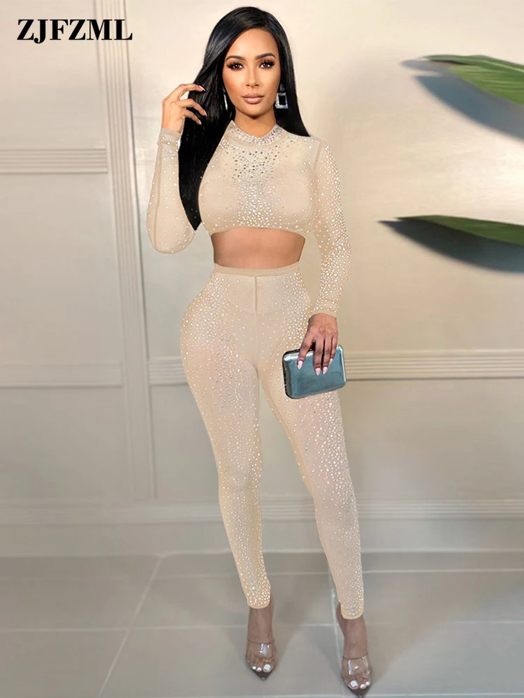 

Black Khaki Sexy 2 Piece Matching Sets Rhinestones Long Sleeve Bandage Crop Top+party Clubwear Pencil Pant Prom Skinny Outfits