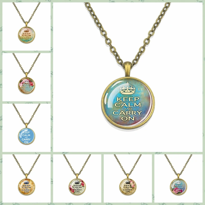 

Retro Crown Flower Quote Necklace Keep Calm and Carry on Glass Pendant Inspirational Necklace Gift for Men and Women