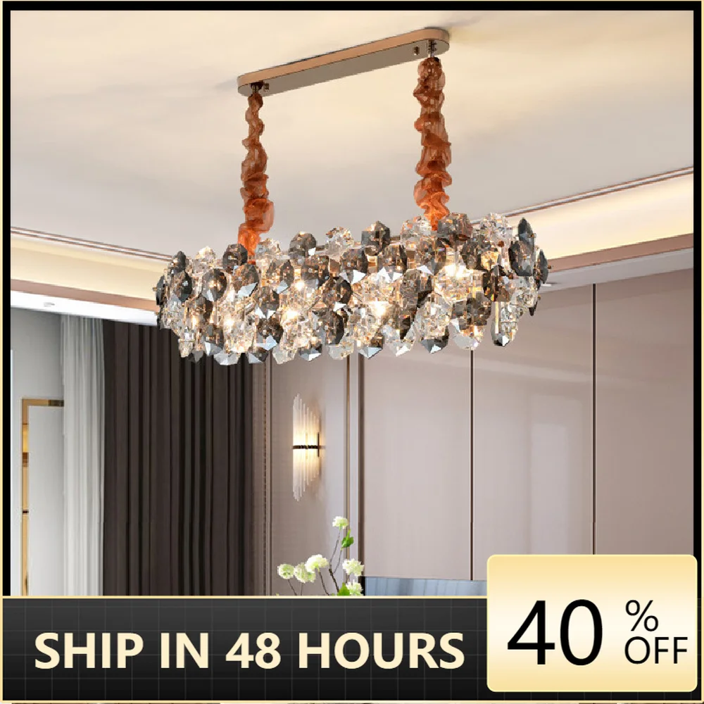 

Luxury Oval Shiny Gold E14 Led Pendant Light Dining Room Lustre Gray Clear Crystal Led Chain Hanging Lamp Home Deco Light Lamp