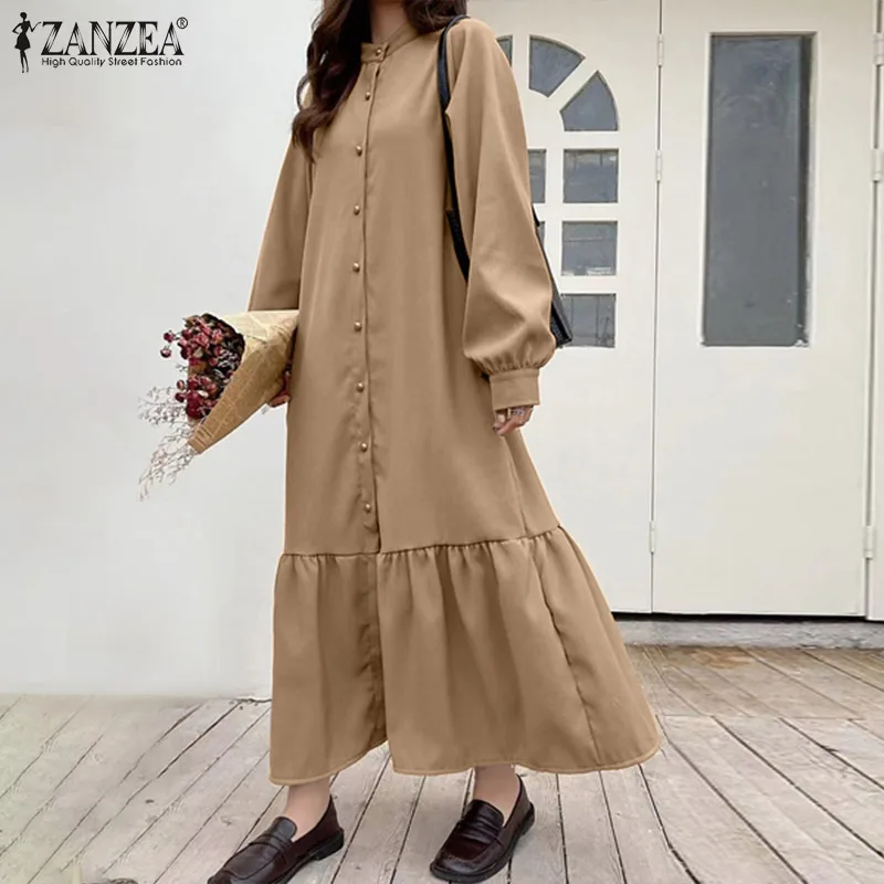 

Модный женский сарафан с длинными рукавами и оборками ZANZEA 2022, весеннее платье-рубашка на пуговицах, женское платье, повседневные свободные ...