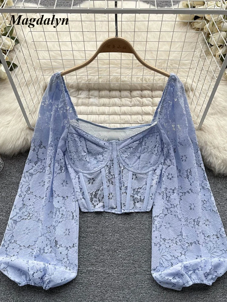 

Женская кружевная блузка Magdalyn с длинными рукавами-фонариками, Модные Винтажные праздничные блузки, шикарные французские корейские топы с квадратным вырезом