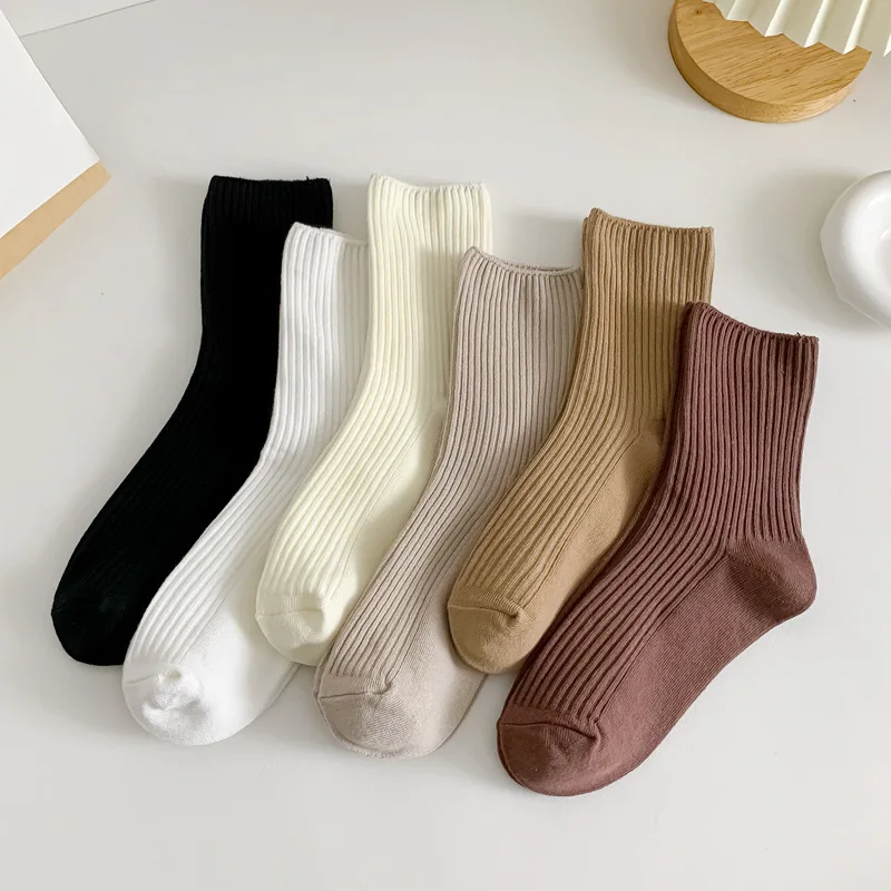 3 Pairs New Fall and Winter Women's Solid Color Socks Match Simple Warm Female Cotton Mid-calf Socks Japanese Socks Cute  Kawaii