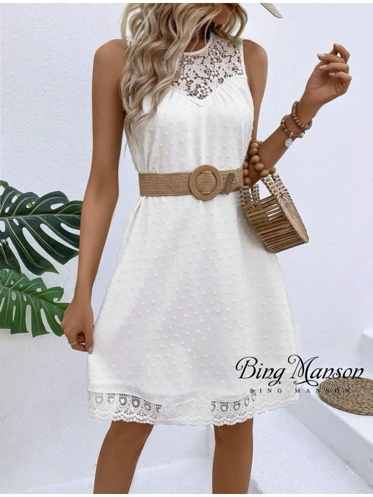 

2023 Women's New Summer Fashion Casual Commuter A Skirt Lace Cut Out Stitching Round Neck Jacquard Waist mini dress Y2k