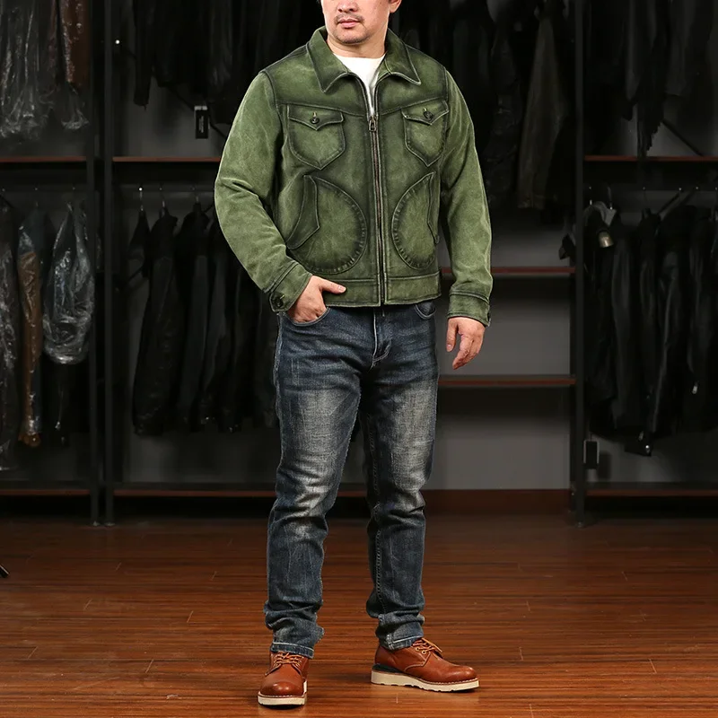 Мужская короткая куртка из натуральной коровьей кожи с отложным воротником