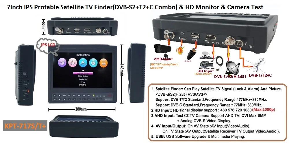 Фото DVB-S2 +DVB-C+DVB-T2 Комбинированный KPT-717ST+AHD MPEG4 Измеритель спутникового искателя Анализ спектра 7-дюймовый TFT ЖК-экран MP4 Hevc (H.265) №3