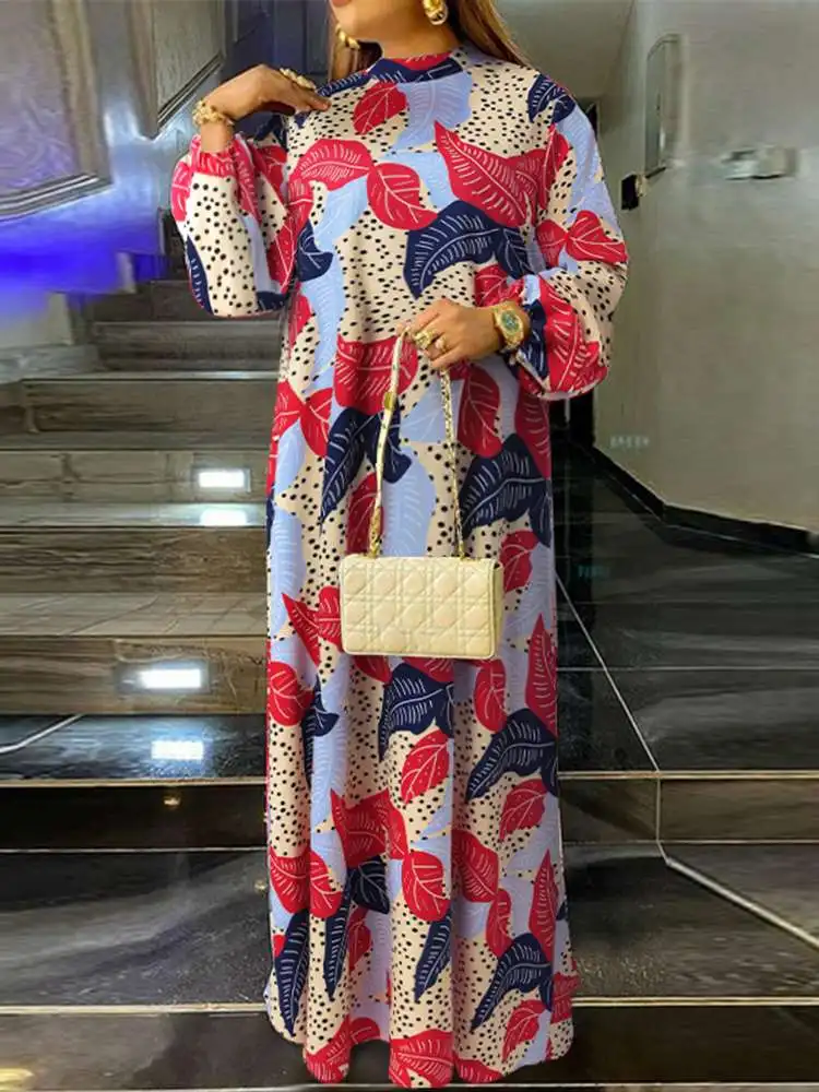 

Maxi Dress VONDA 2022 Women Vintage Long Sleeve Printed Holiday Party Dress Fashion Pleated Party Maxi Sundress Casual Vestidos