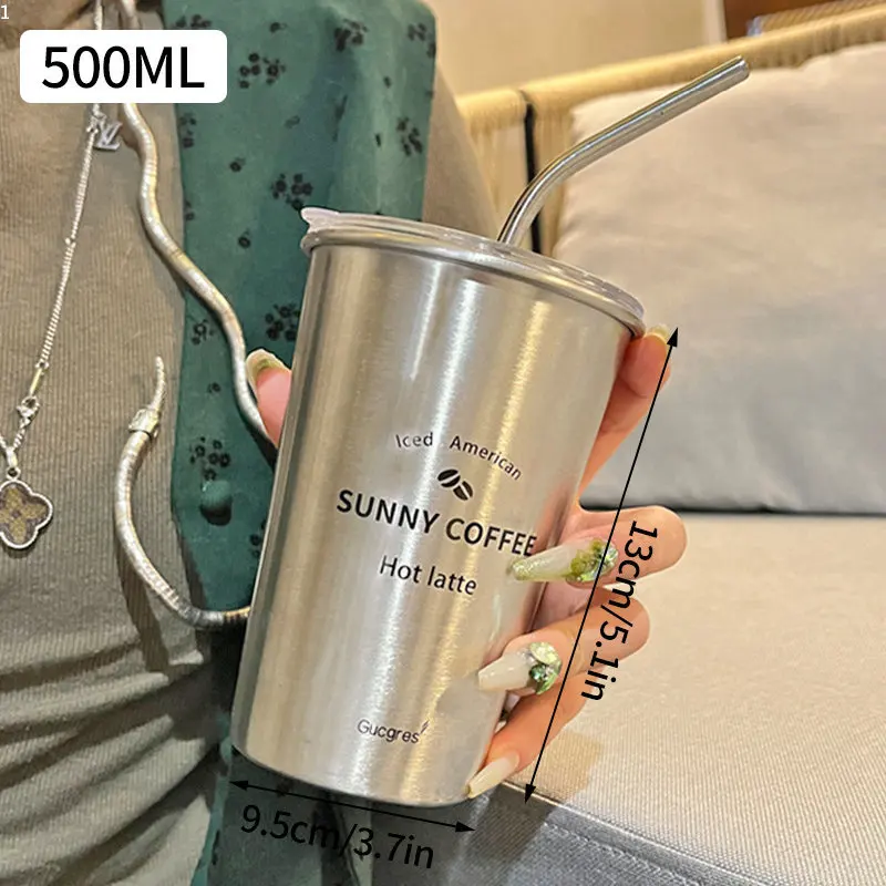 

500ml 304 Stainless Steel Coffee Cup Cold Water Beer Mug with Straw Lid Simple Water Drinking Cups Women Outdoor Tea Milk Mugs