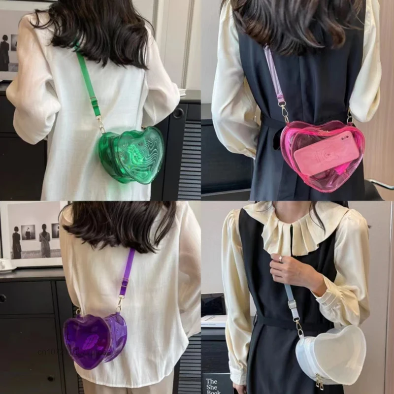 

Transparent Solid Love Heart PVC Jelly Crossbody Bag Women's 2023 New Fashion Y2k Sheer Chains Shoulder Bag Pink Mini Handbag