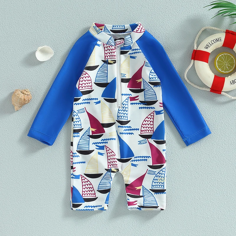 

Детский купальный костюм Yiiciovy для мальчиков, повседневный детский ромпер с длинным рукавом, с мультяшным принтом кораблей, купальные костюмы на молнии, пляжная одежда, на лето