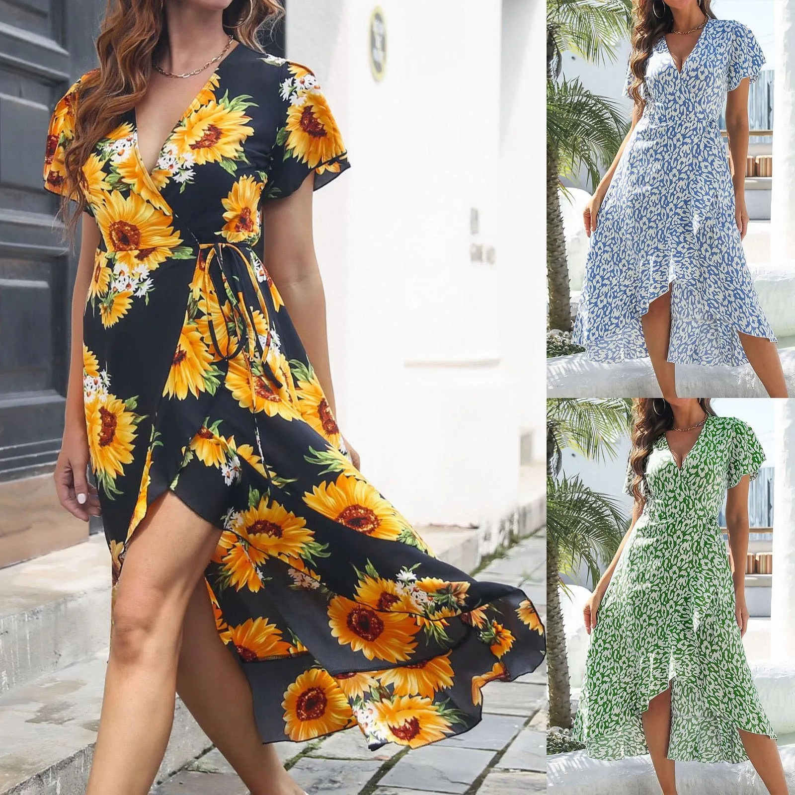 

New Summer Ladies Printed Ruffle Tie Boho Long Dress Fashion High Cut Skirt V Neck Long Dress Long Sleeve Summer Dress