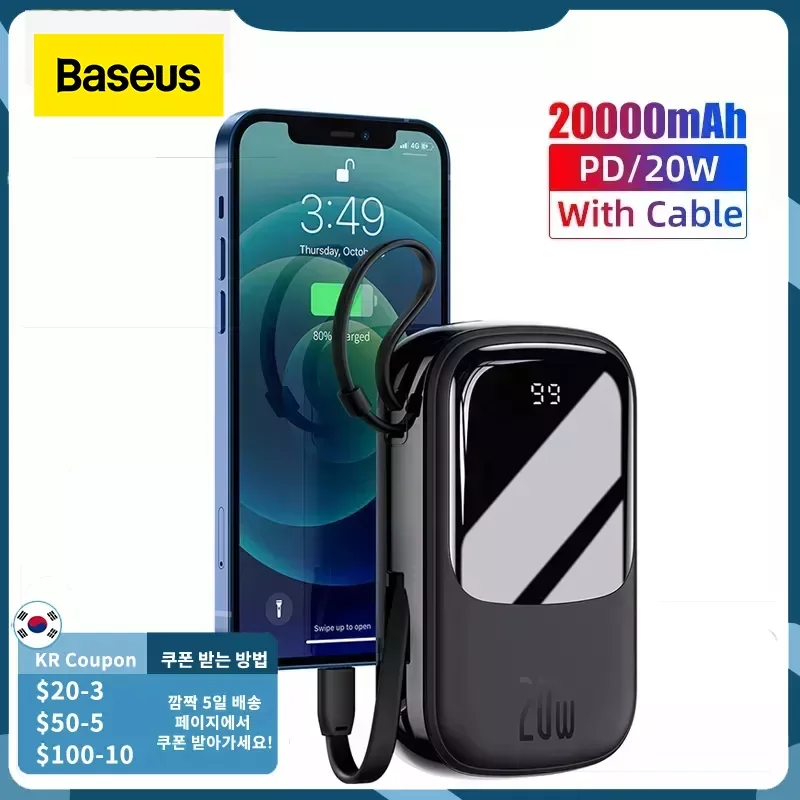 

Baseus 20W Mini Power Bank 20000 mAh Built in Cables PowerBank External Battery Charger For iPhone 12 11 Xiaomi Samsung Huawei