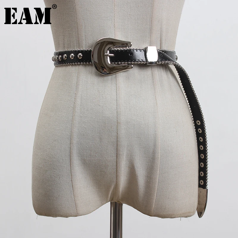 

[EAM] Pu Leather Black Metal Buckle Rivet Long Belt Personality Women New Fashion Tide All-match Spring Autumn 2023 1DF1190
