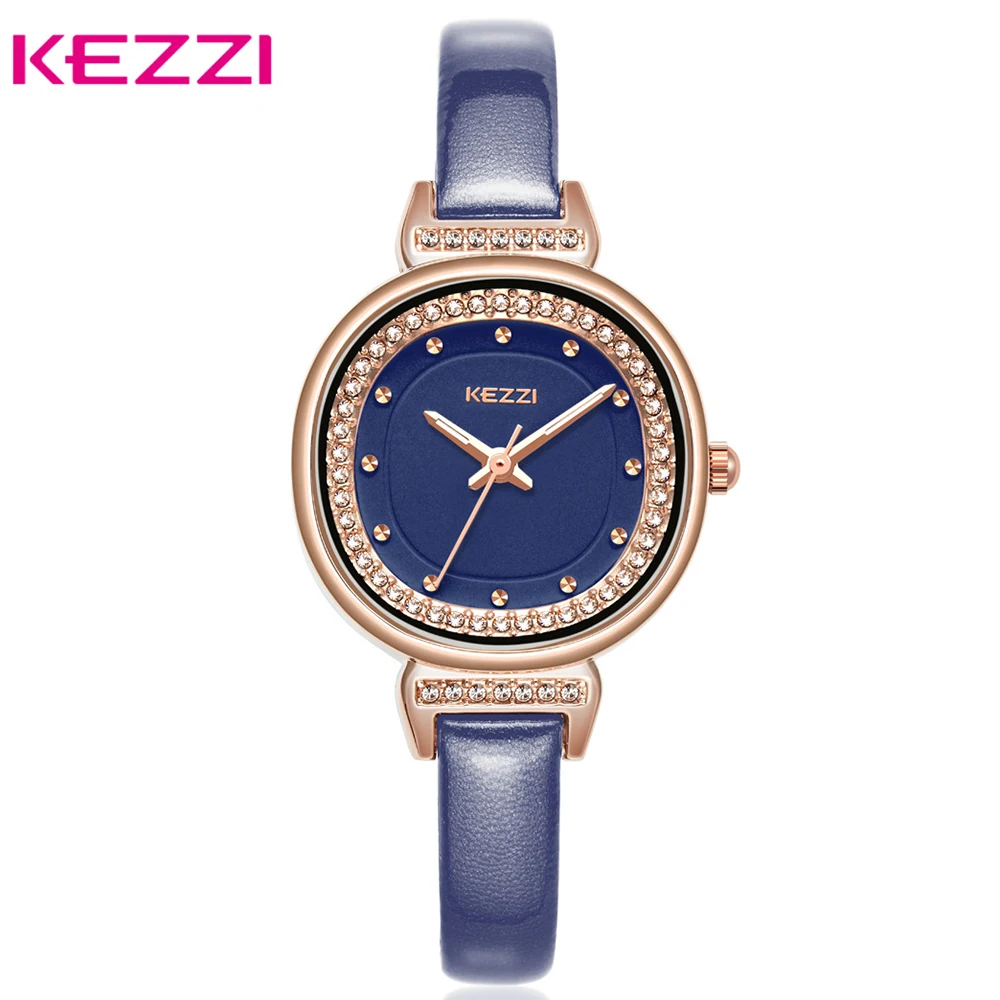

KEZZI Luxury Rhinestone Watch Blue Quartz Watches Fashion Waterproof Leather Watch Women Dress Wristwatch Relogio Femino