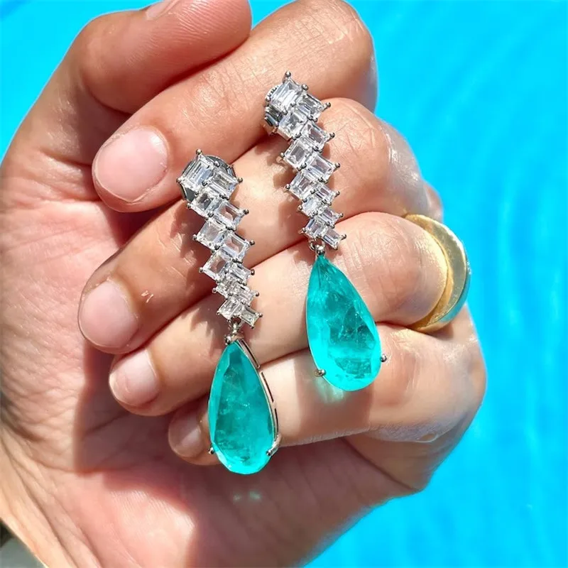 

Elegant Geometric White Cubic Zirconia Simulation Paraiba Tourmaline Water Drop Earrings Silver Color Fine Anniversary Jewelry