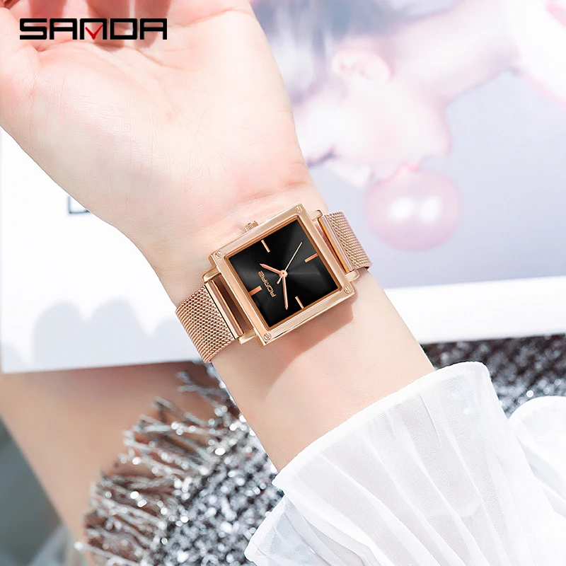SANDA Casual Fashion Women Quartz Watch 2022 New Square Dial Design Trendy Womens Watches 30M Water Resistant Rose Gold Strap enlarge