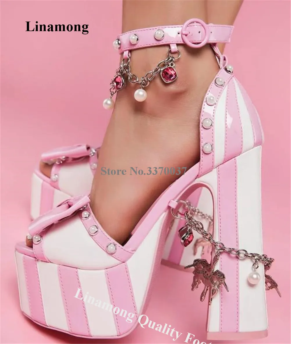 Linamong Cute Pink White Stripes Pearls Chunky Heel Sandals Butterfly Rhinestones Platform Metal Chains Thick Heel Dress Heels