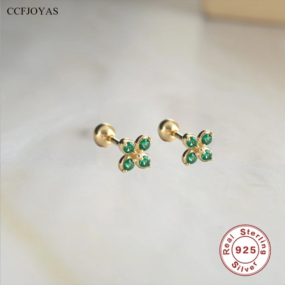 

CCFJOYAS 1 pair of 925 Sterling Silver Green Zircon Flower Screw Earrings for Girl Simple INS Gold color Small Cute Stud Earring